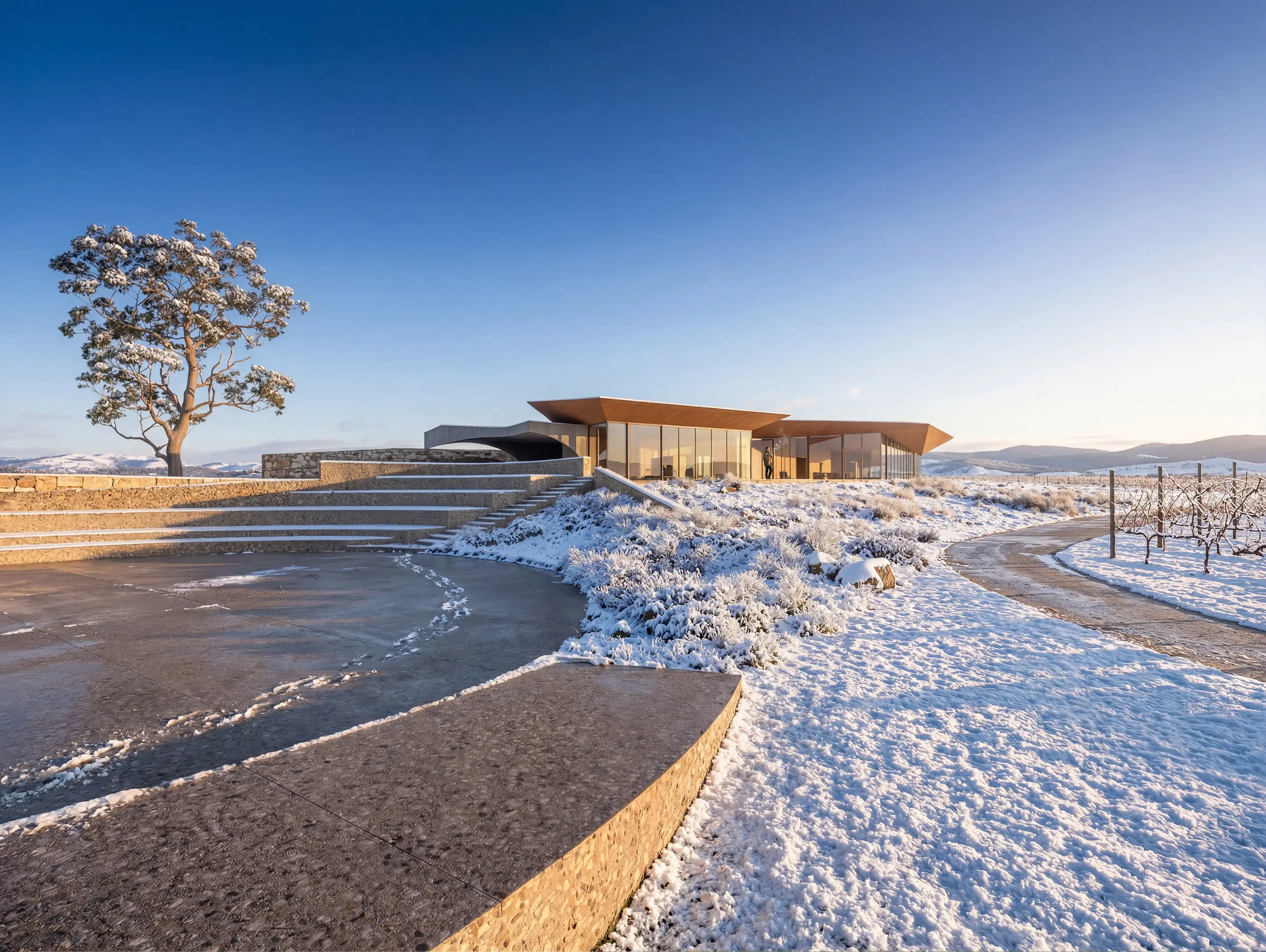 Winter morning at the welcome pavilion in Beaconsfield, with dry-stone terracing and broad timber soffits above full-height glazing, snow across the stepped forecourt, and bare vines running to distant hills.