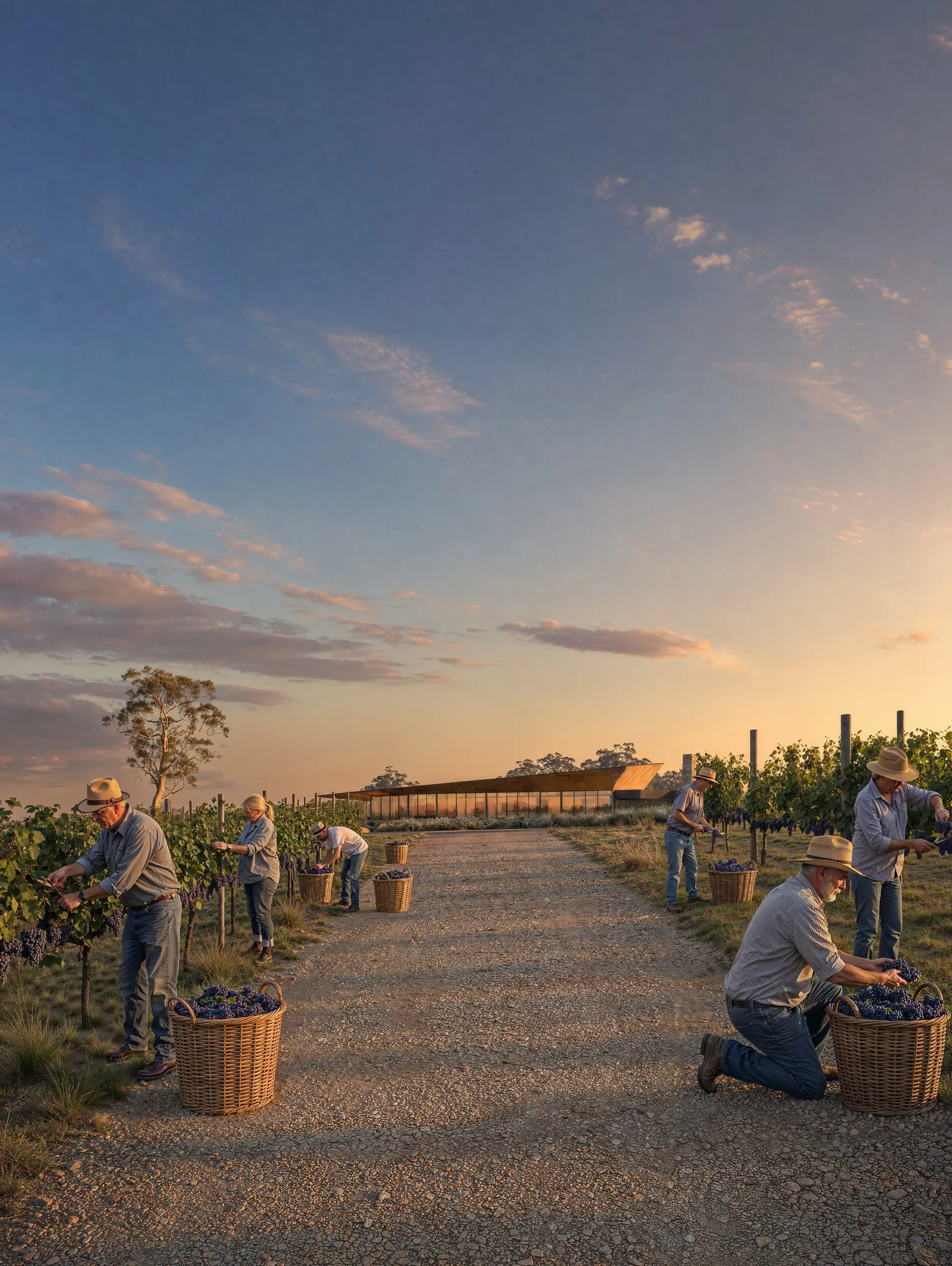 Pickers work the rows at dusk during vintage at Beaconsfield, wicker baskets of dark fruit set along the gravel track, the low winery roofline and lit tasting room on the horizon.
