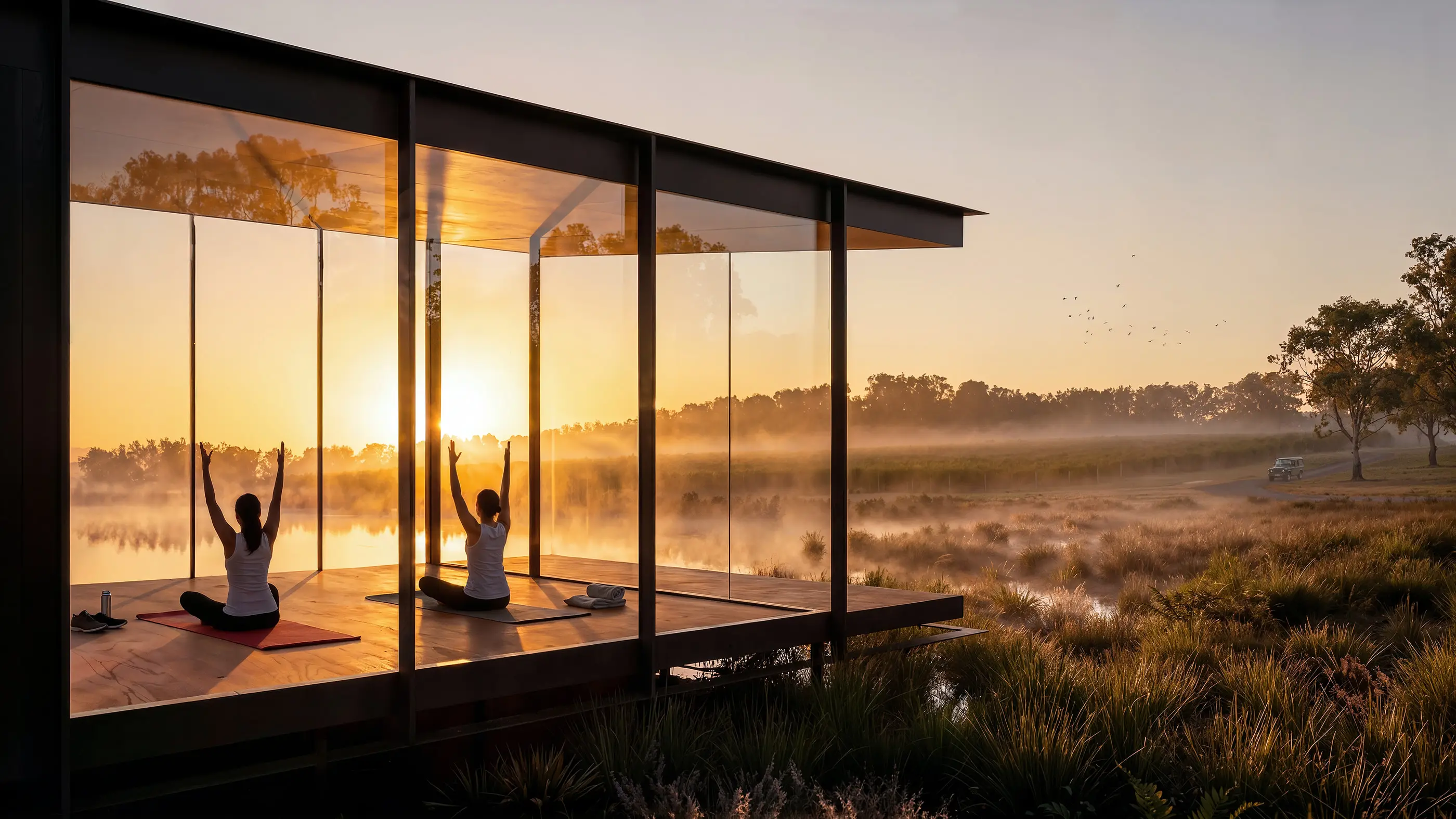 Sunrise through the glazed yoga studio at Beaconsfield, where two people sit on mats over a plywood deck as mist lifts off the dam and the vineyard rows behind.