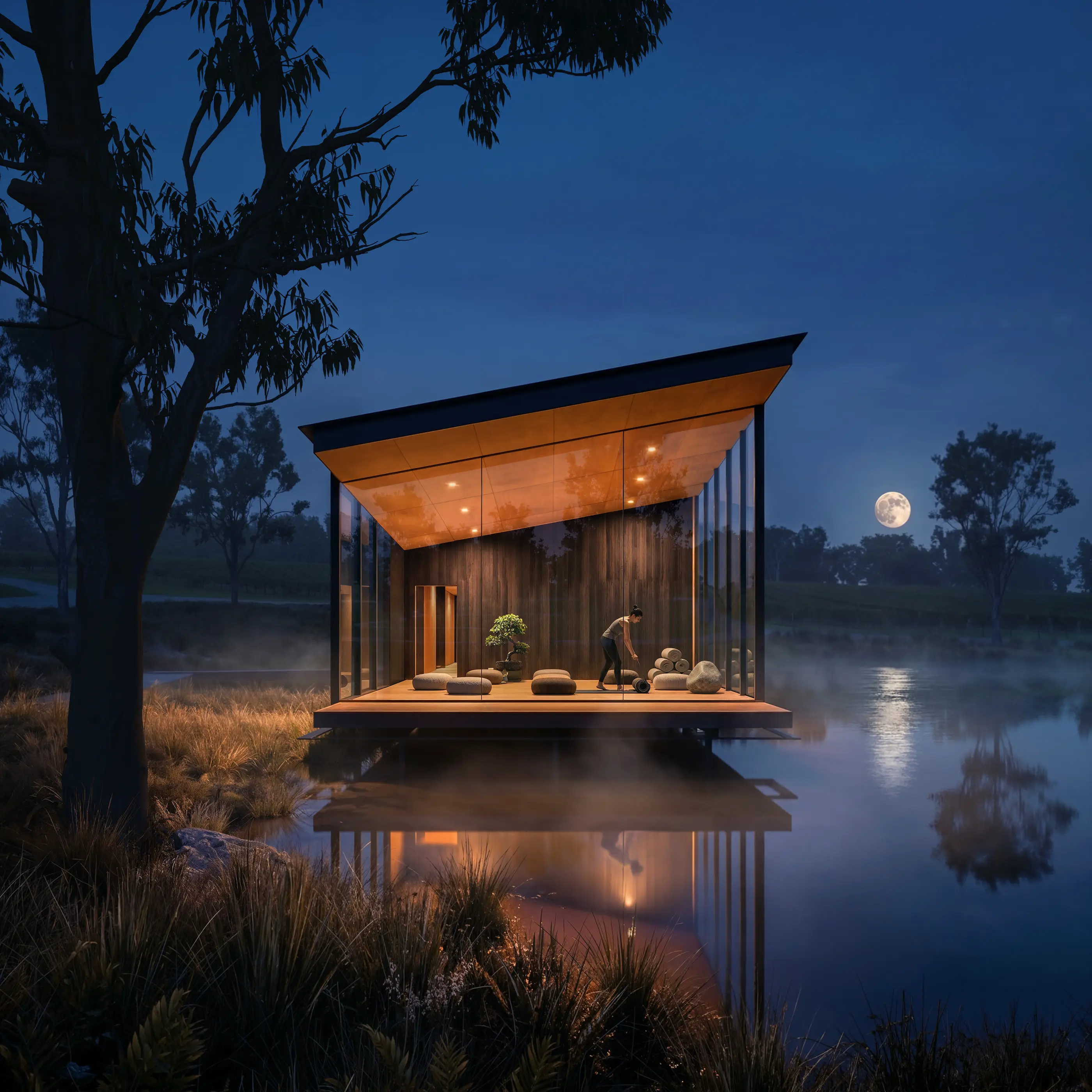 A full moon over the studio pavilion at Beaconsfield, warm ceiling light falling on floor cushions, bolsters and a bonsai behind full-height glass, mist drifting across the still dam.