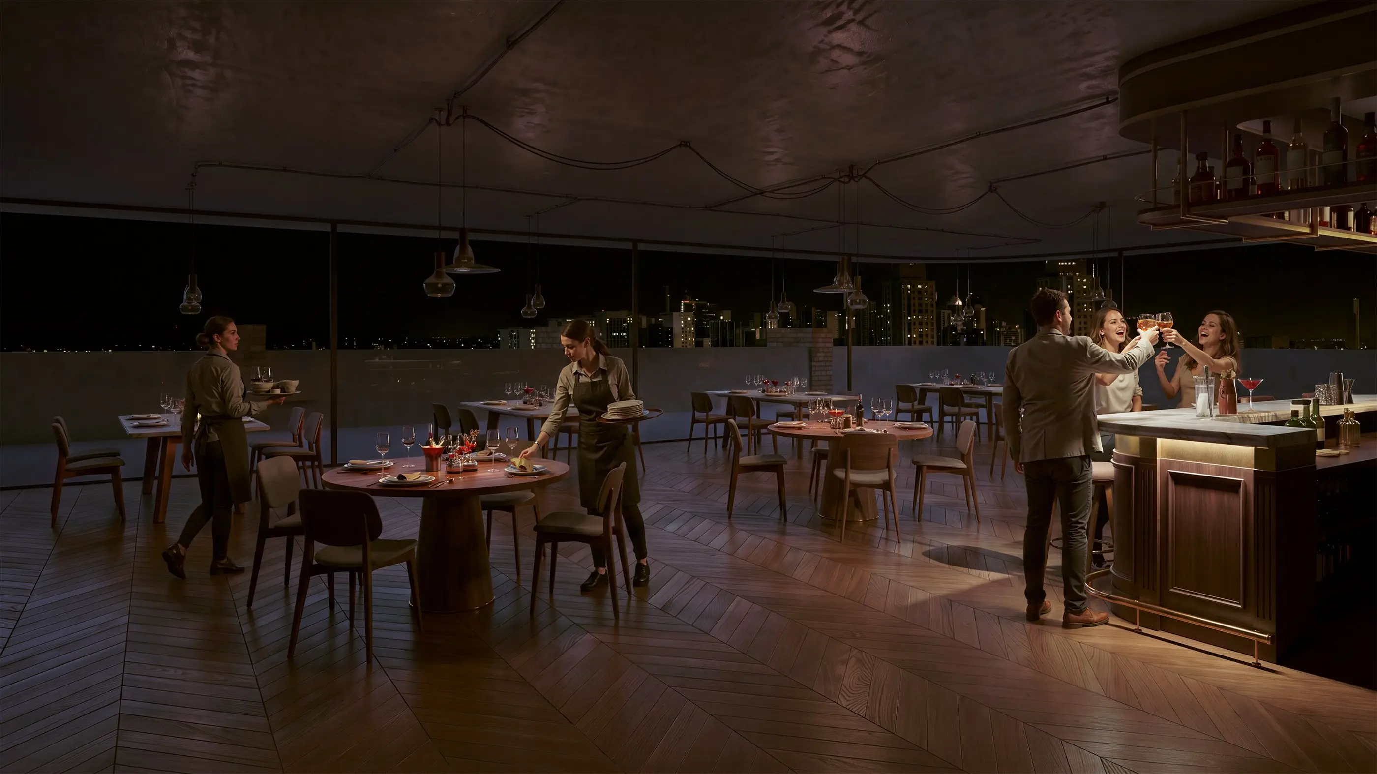 Late-night at the BOTANY rooftop restaurant, staff clearing plates from timber tables while guests gather at the illuminated marble bar, the darkened city skyline visible beyond the glass.