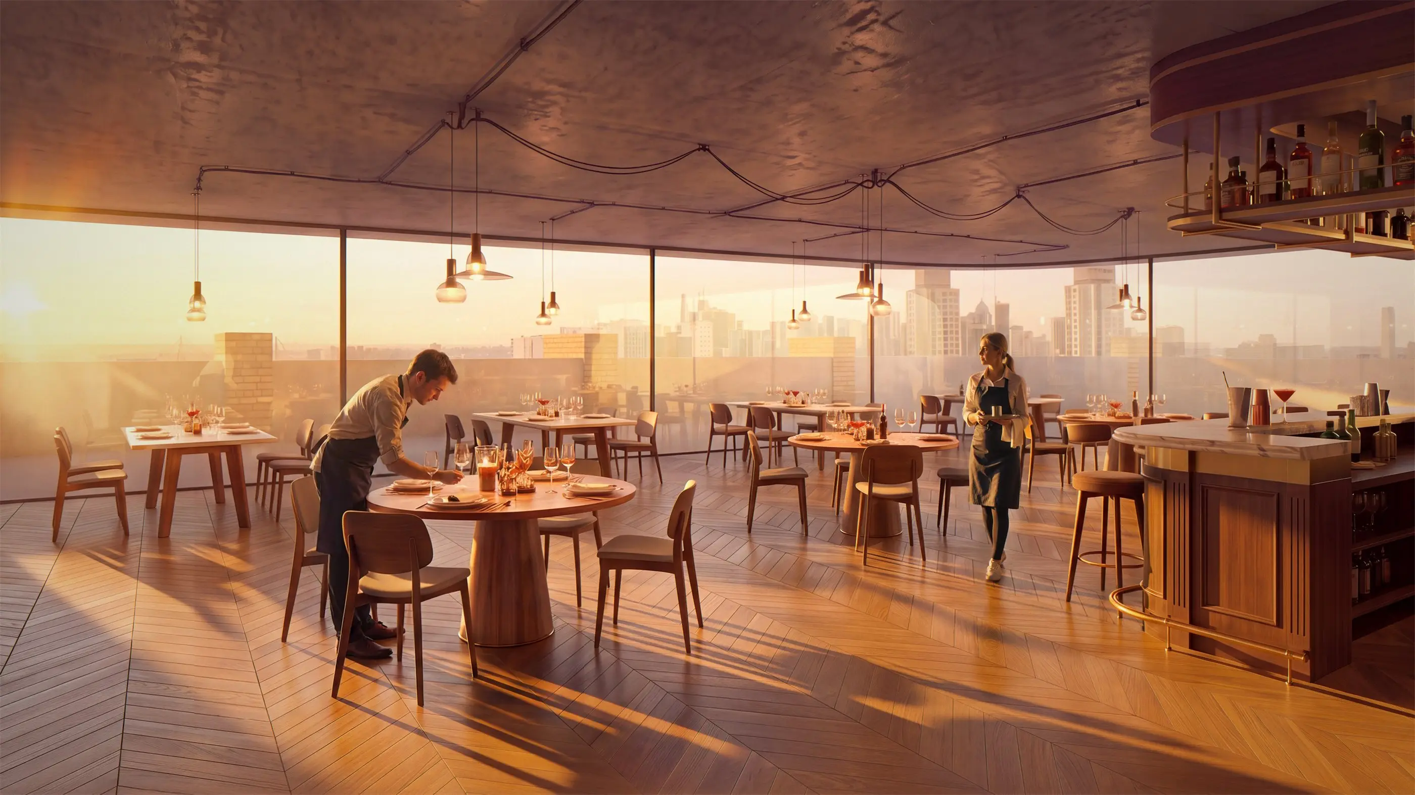 Rooftop restaurant at BOTANY in late afternoon sun, with herringbone timber flooring, round walnut tables and a marble-topped bar with brass footrail, city towers beyond the full-height glass.