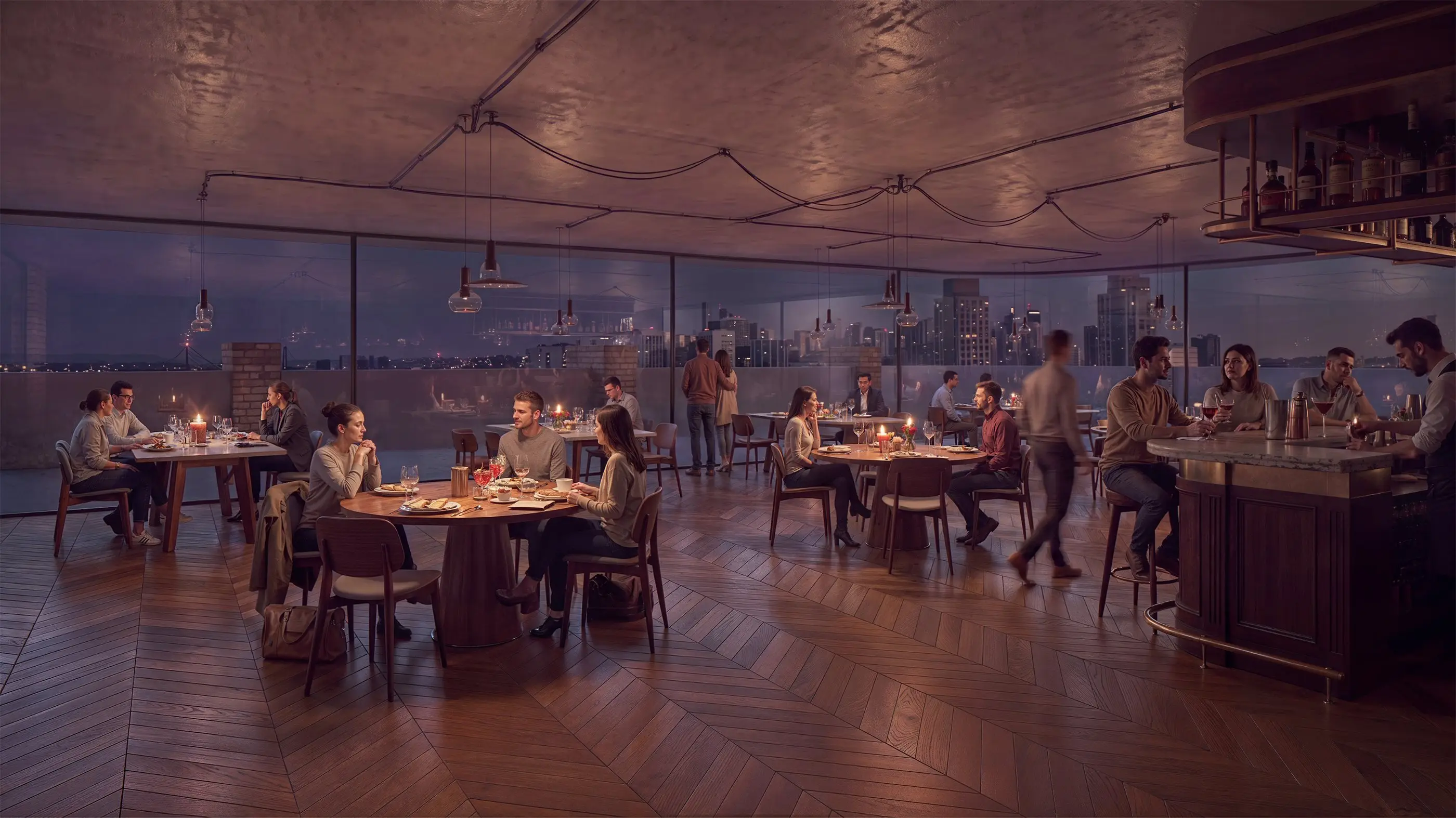 Evening service at the BOTANY rooftop restaurant, candlelit tables of diners beneath exposed concrete soffit and glass pendants, with the harbour and lit city skyline through the curved glazing at dusk.