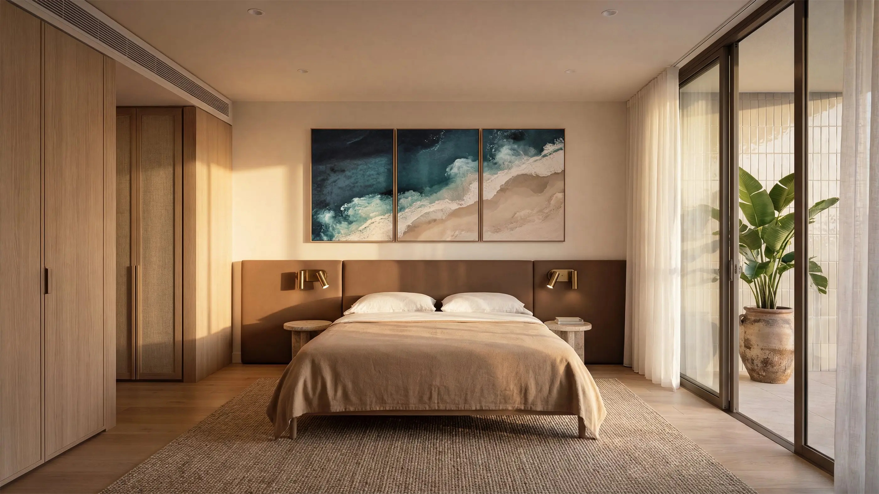 Coogee apartment bedroom with full-height oak and rattan joinery, a leather headboard with brass reading lights, a three-panel surf artwork above the bed, and sliding glazing to a planted courtyard