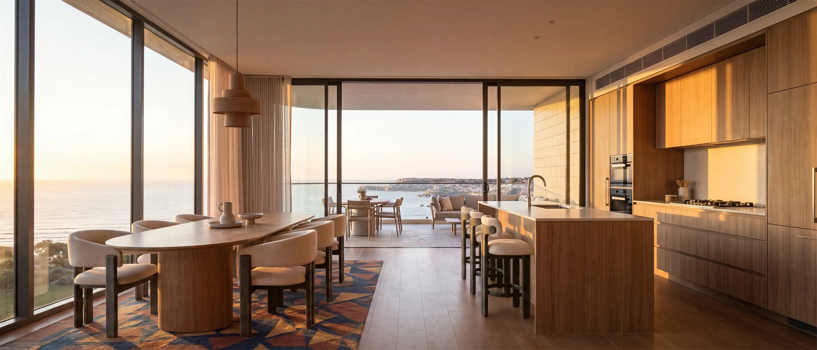 Open kitchen and dining room in a Coogee apartment, with a timber island and stools, an oval dining table, and full-height glazing sliding open to a terrace above the beach and headland